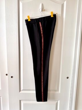 Saint & Sofia Skinny Black Pant with Red Leopard Print Taping at Leg.